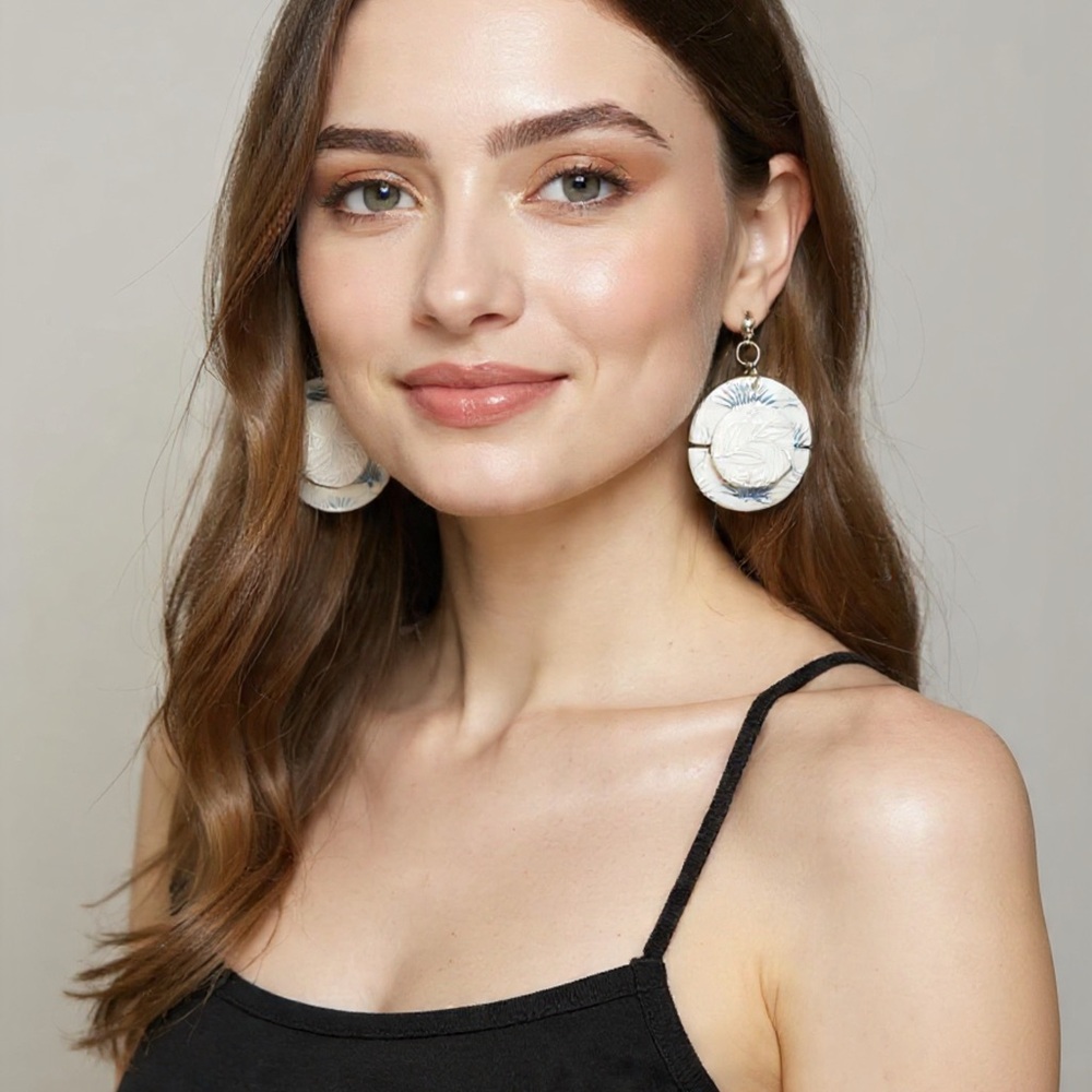 White & Blue Floral Drop Earrings - Picture 2 of 4
